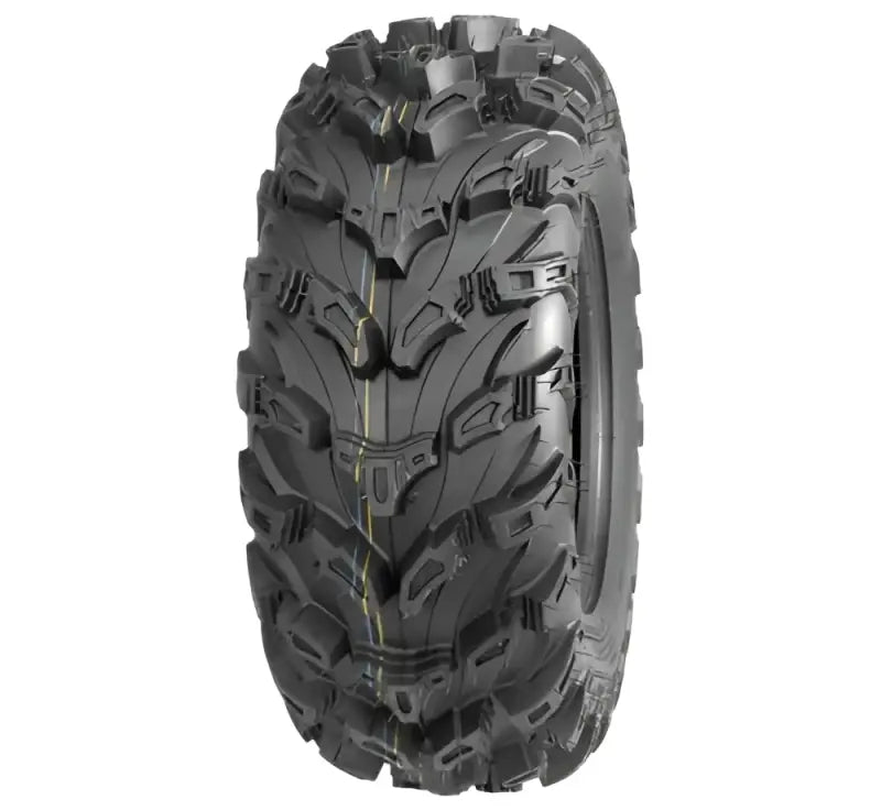 QuadBoss QBT672 radial mud tire with black rubber, deep treads, yellow sidewall