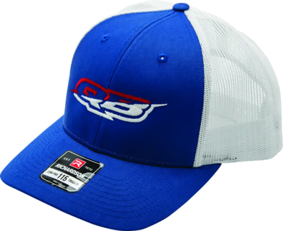 Blue and white trucker hat from Quadboss Red White Merica collection, perfect for Americana fans