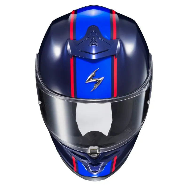 Blue motorcycle helmet with red stripes, exo-r1 air face shield and comfy cheek pads