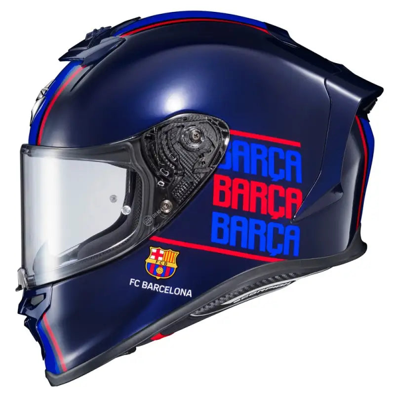 Blue FC Barcelona motorcycle helmet with cheek pads, Exo-R1 Air face shield