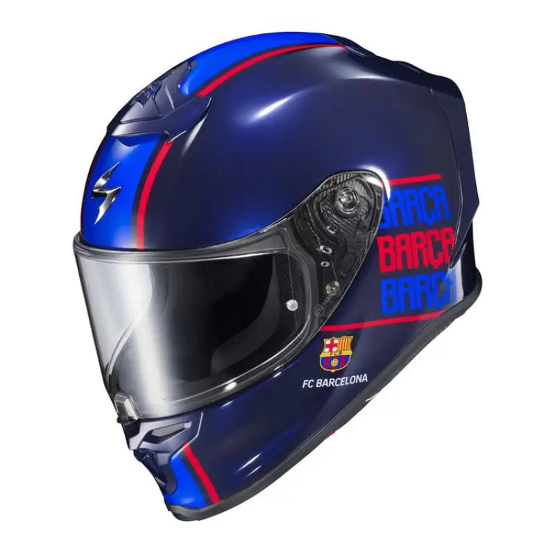 Blue FC Barcelona motorcycle helmet with cheek pads and exo-r1 air face shield