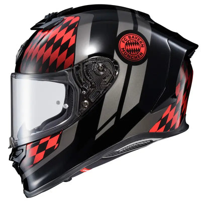 Black and gray Exo-R1 Air motorcycle helmet with FC Bayern München logo and face shield