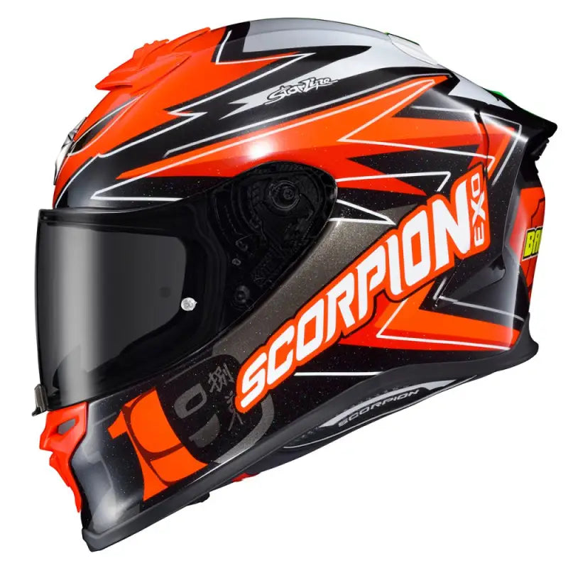 Orange and black R1-3036 Scorpion Exo Exo-R1 Air helmet with face shield and cheek pads