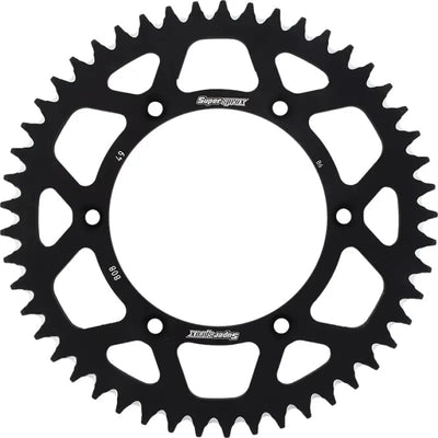 Black motorcycle rear sprocket ral-808-49-blk with multiple mounting holes for chain life