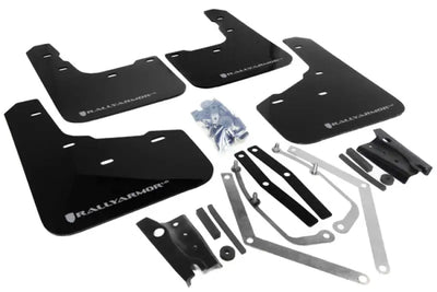 Four black Rally Armor mud flaps with mounting hardware for Ford Fiesta ST