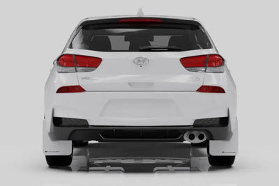 White Hyundai i30 N hatchback rear view with Rally Armor mud flaps for Hyundai Elantra N Line