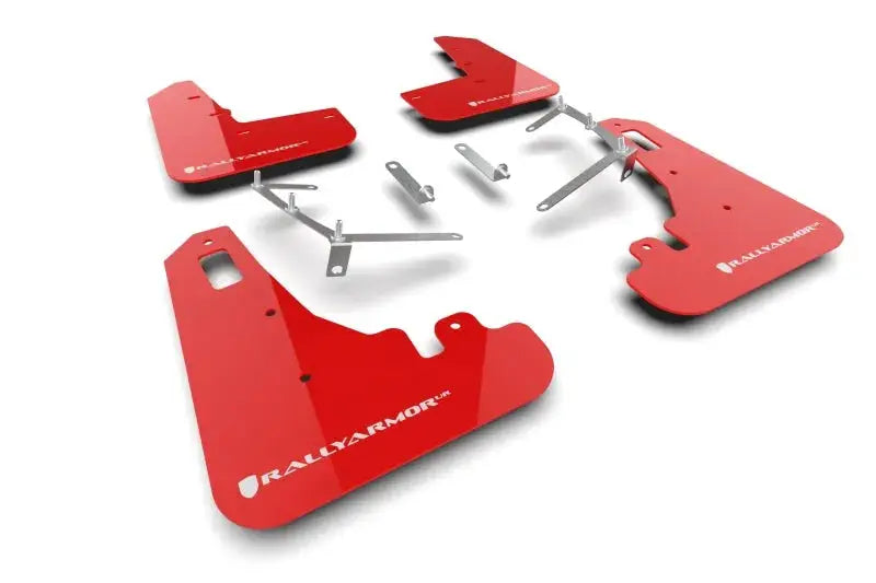 Red Subaru BRZ and Toyota GR86 mud flaps with white logo and mounting hardware