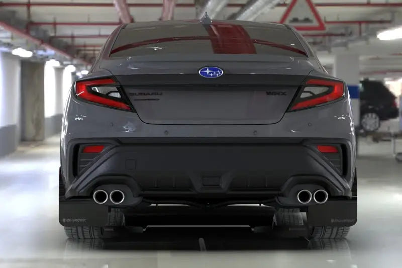 Gray Subaru WRX rear view with Rally Armor 2022+ urethane mud flaps black logo