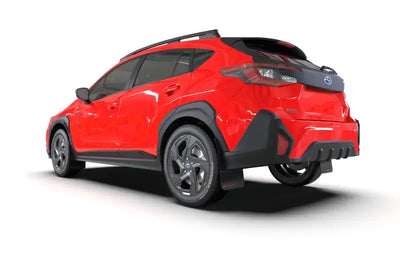 Red 2019 Toyota C-HR with Rally Armor mud flaps and light blue logo