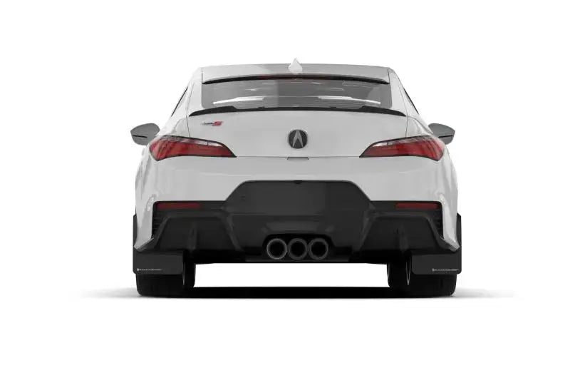 White Acura Integra Type S rear view with Rally Armor mud flaps featuring white logo