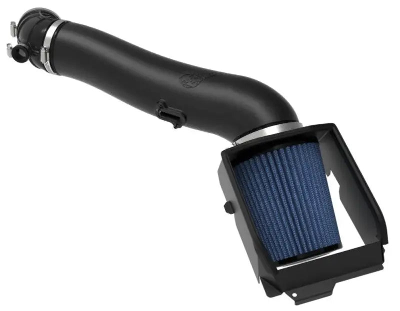 Black air intake system with blue Pro 5R filter for rapid induction cold air upgrade