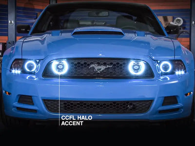 Blue Ford Mustang with smoked ccfl halo fog lights and halo fog lights for a cool look