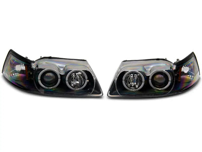 Pair of black LED halo projector headlights for Ford Mustang 99-04, clear lens style