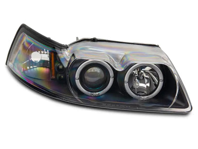 Led halo projector headlights on Ford Mustang with stylish halo rings for a cool look