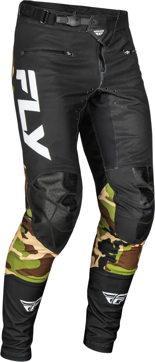 Black and camouflage motocross pants with white FLY logo showcasing durable stretch technology
