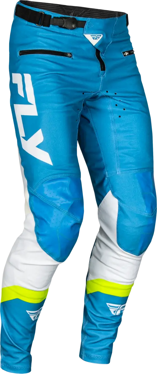 Blue white neon yellow motocross pants with zippered pockets featuring durable stretch technology
