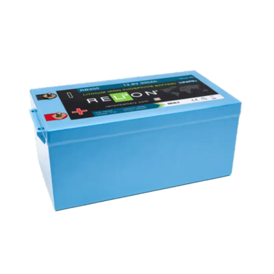 Blue RB300 Relion 300Ah 4Sc LiFePO4 battery with red black terminals