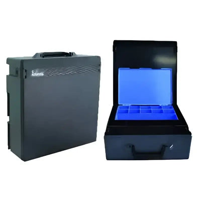 Black toolboxes shown with RC003/QK Rolacase plastic parts organizer carry case