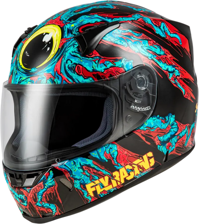 Black motorcycle helmet with colorful graphics and durable hard coating for style and protection