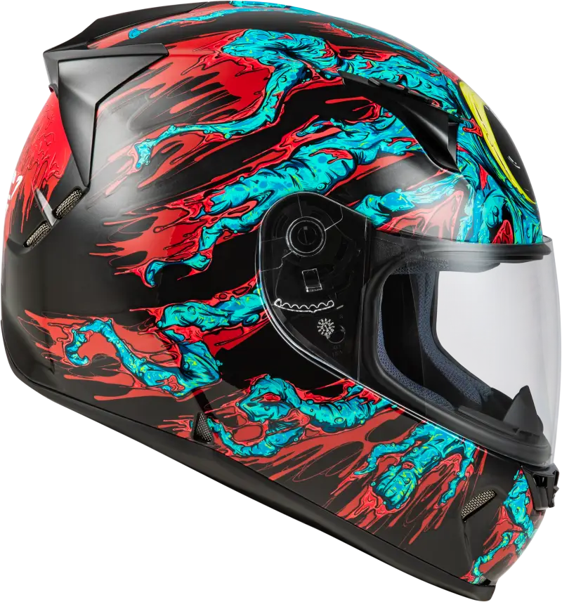 Black motorcycle helmet with colorful graphics featuring durable hard coating for protection