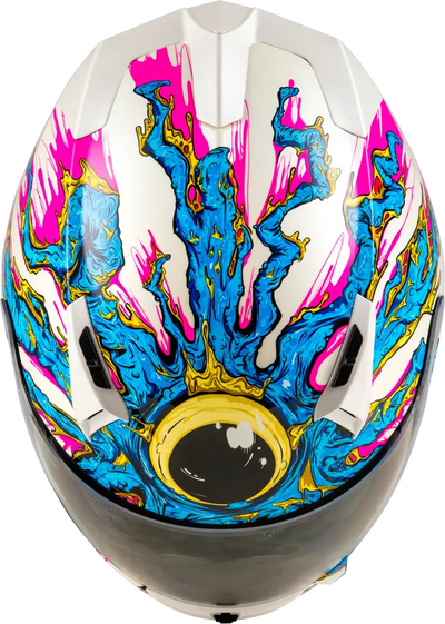 White helmet with colorful eye design, featuring durable hard coating for safety