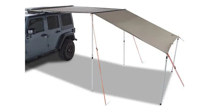 Vehicle-mounted batwing sunseeker awning with support poles for shade and protection