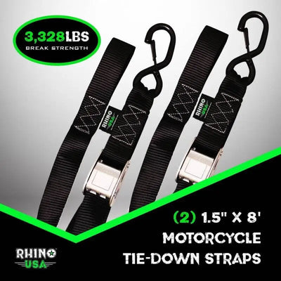 Rhino USA Cambuckle Motorcycle Tiedown Straps 2-Pack (Green) 1.5In X 8Ft - Rhino USA