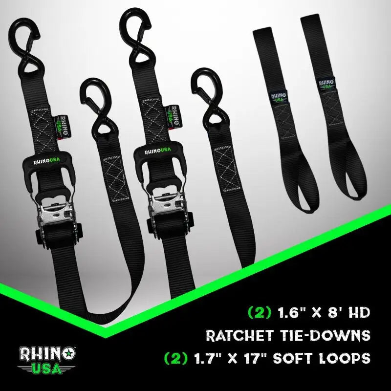 Rhino USA Heavy Duty Ratchet Tie-Downs 2-Pack (Black) 1.6In X 8Ft - Rhino USA