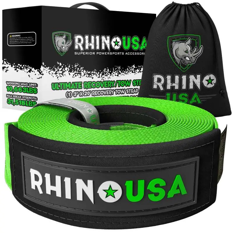 Rhino USA Recovery Tow Strap 3Inx30Ft (Green) - Rhino USA