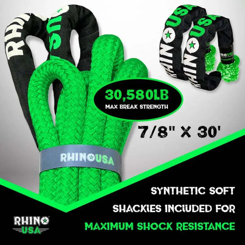 Rhino USA 7/8In X 30Ft Kinetic Rope Recovery Kit W/Soft Shackles (Green) - Rhino USA