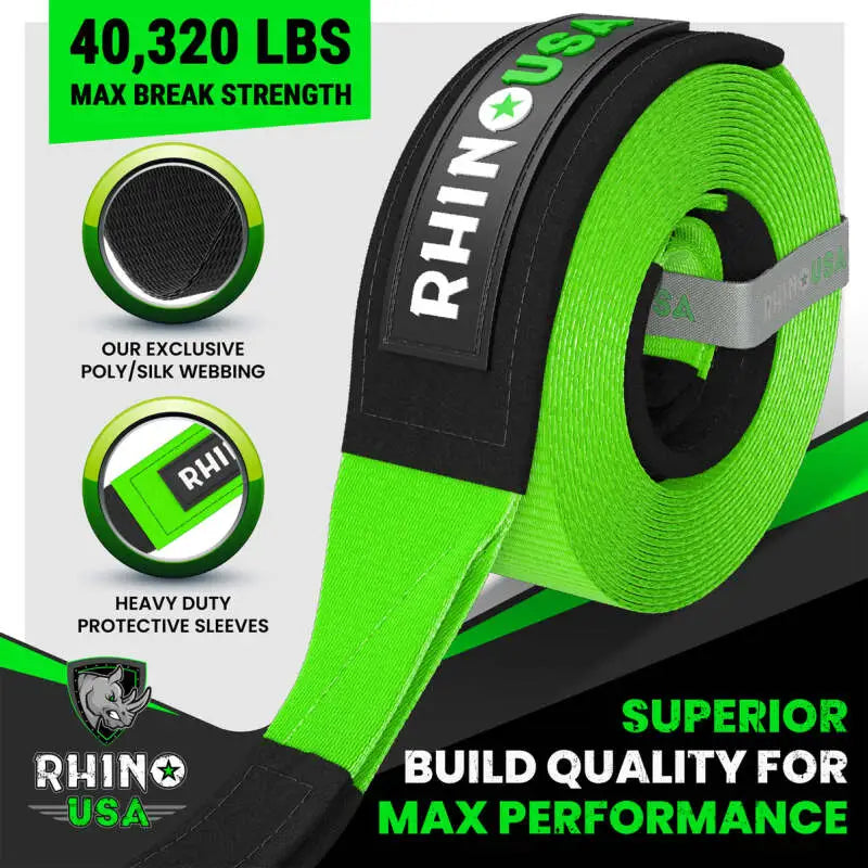 Rhino USA Recovery Tow Strap 4Inx30Ft (Green) - Rhino USA