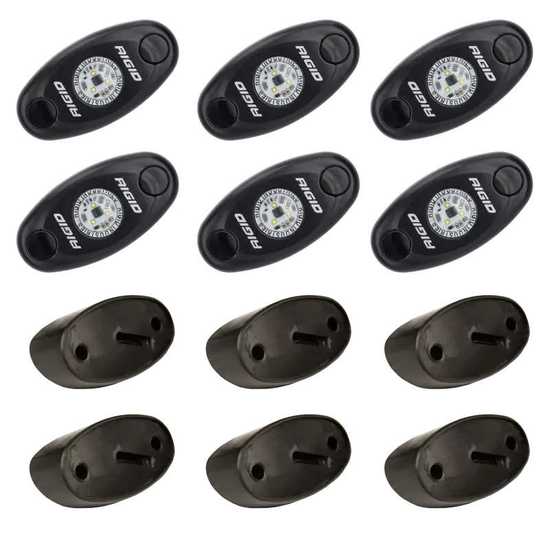 Rigid Industries Rock Light Kit- Blue (6 lights), A-Series LED lighting, durable black mounts.