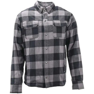 Gray and black plaid River Road Vise Flannel Moto shirt displayed in size small