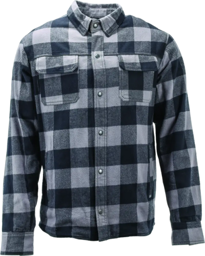 Black and gray plaid River Road Vise Flannel Moto Shirt on display