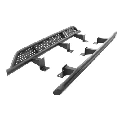 Rocker Panel Guard Round Tube; With Full Length Step Area; Powder Coated; Black; Steel - Truck & Automotive