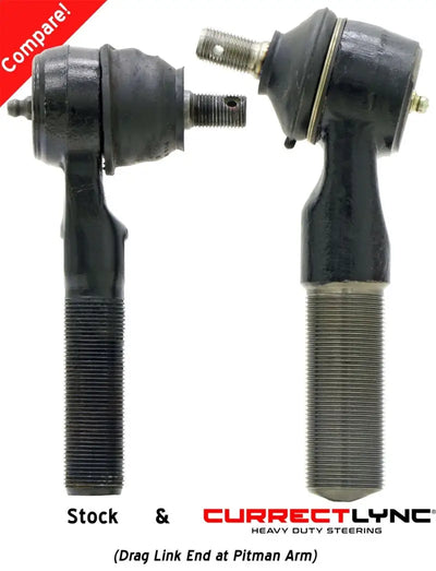Comparing stock and ROK Currectlync heavy-duty steering kits (drag link end at Pitman arm).