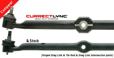 ROK Currectlync Steering Kits comparison with stock tie rod and forged drag link showing heavy-duty quality and intersection points.