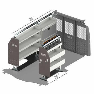 Van shelving general with rolacase van shelving and partition in bin package