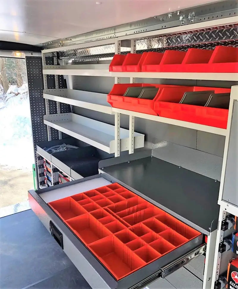 RSSHL/125 Rolacase Storage Shelf 12 Series Small, compact and sturdy storage solution with multiple red and white shelves and compartments, ideal for efficient organization in small spaces.