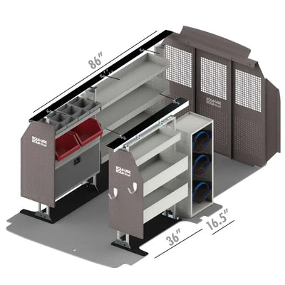 Van shelving system with dimensions.