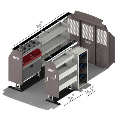 Van shelving and partition system.