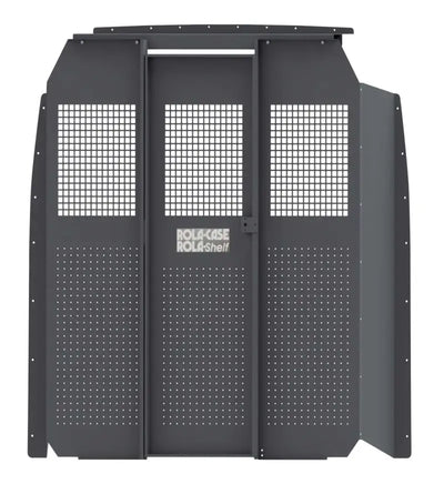 Gray metal van partition with secure roof anchor kit for RSVAKMS144SHR21 Rolacase