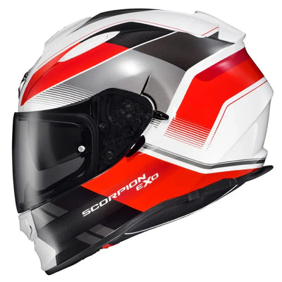 White red and black Scorpion Exo Ryzer full-face helmet for safety and style