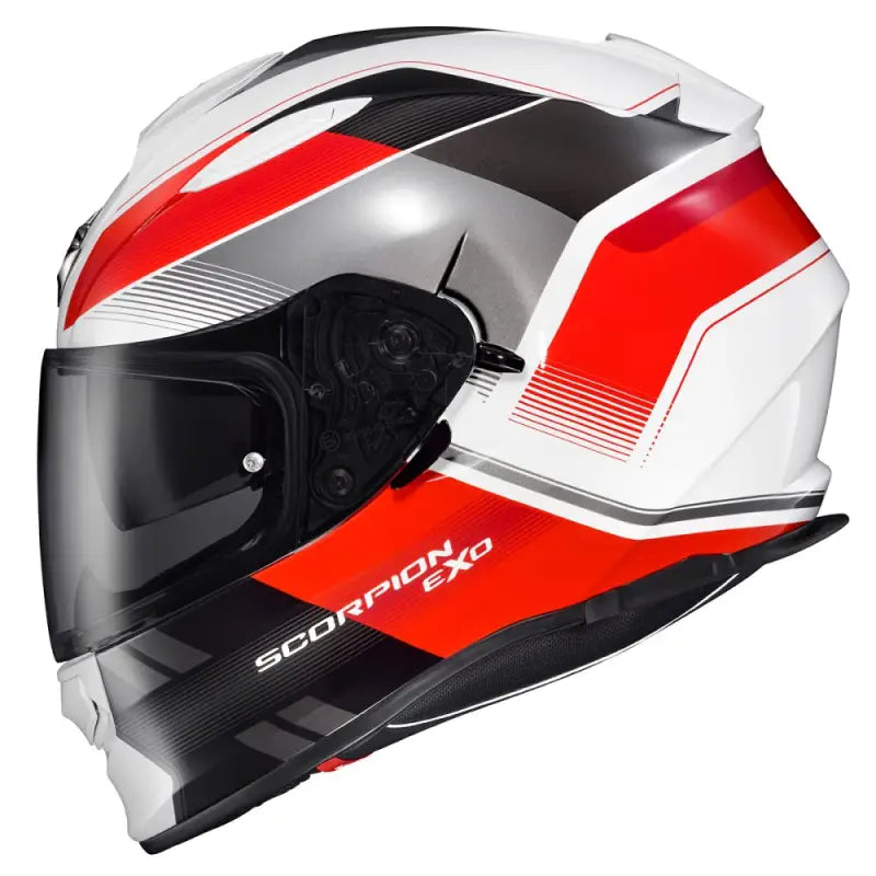 White, red, black Scorpion Exo Ryzer full-face helmet with dark visor for motorcycle riding