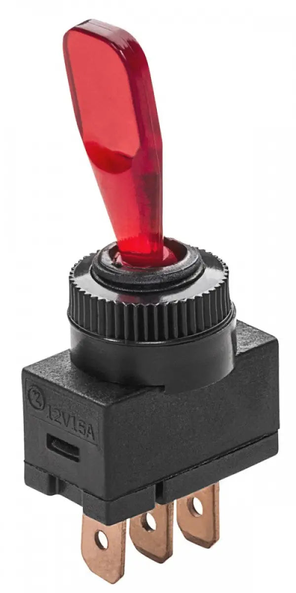 S-8085C Whitecap Illuminated Toggle Switch (Mom. On/Off/M) with red lever, durable black base, and copper connectors for versatile control panel applications.