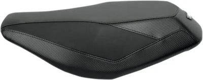 Black two-up motorcycle seat with textured and smooth panels, perfect gripper seat cover