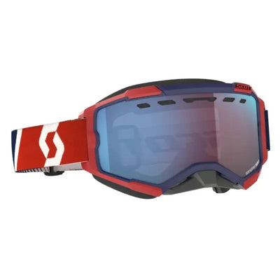 Red and navy Fury Snowcross Goggle with reflective blue lens for snowboarding fun