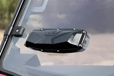 Black UTV rearview mirror on Seizmik Versa-Vent Windshield HC Poly 25026