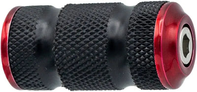 Black knurled bicycle handlebar end plug with red aluminum caps for rear peg frame mount