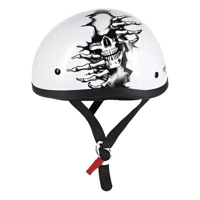 White motorcycle helmet with skull graphic from Skid Lids Born Wild collection